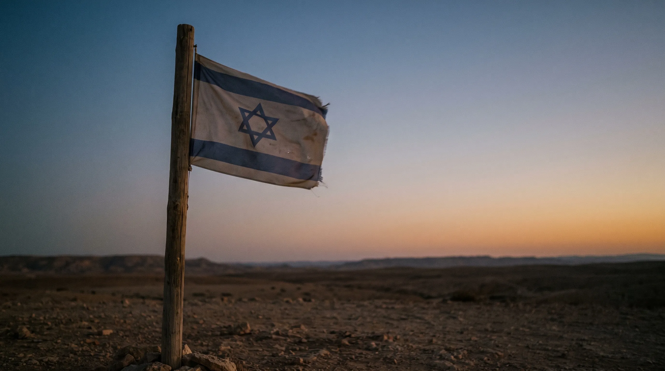 דגל ישראל קטן על תורן בודד נע ברוח קלה באור אחרון של יום